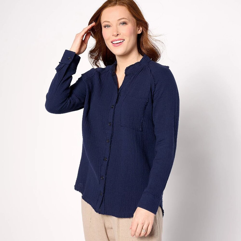 Belle Beach by Kim Gravel Gauze Frayed Trim One Pocket Big Shirt - Sz 3X a643855